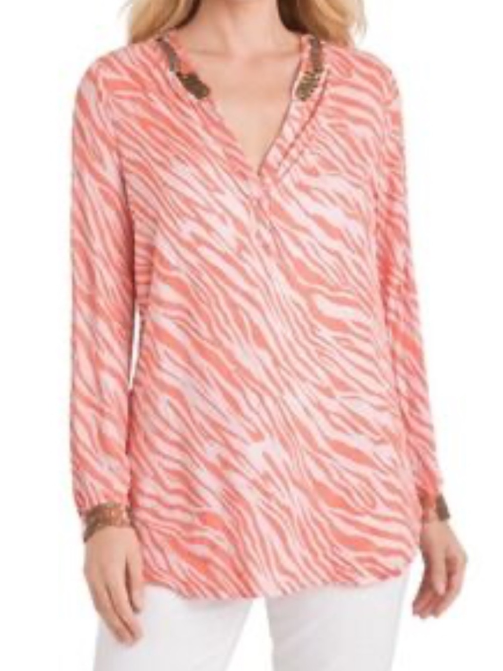 Chico’s Zebra Print Tunic with Bead & Sequin Accents 12/14 NWT